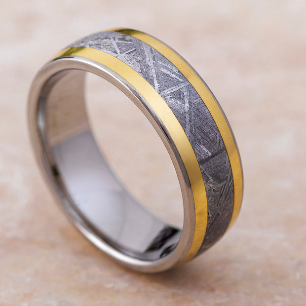 Titanium Men's Wedding Band with Meteorite and Yellow Gold Inlays-1219 - Jewelry by Johan