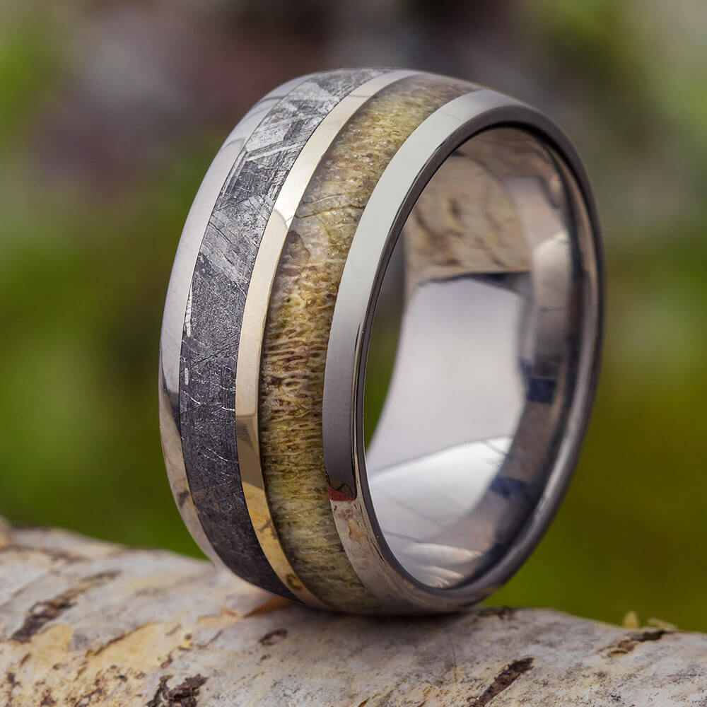 Antler And Meteorite Ring With White Gold Pinstripe-1440 - Jewelry by Johan