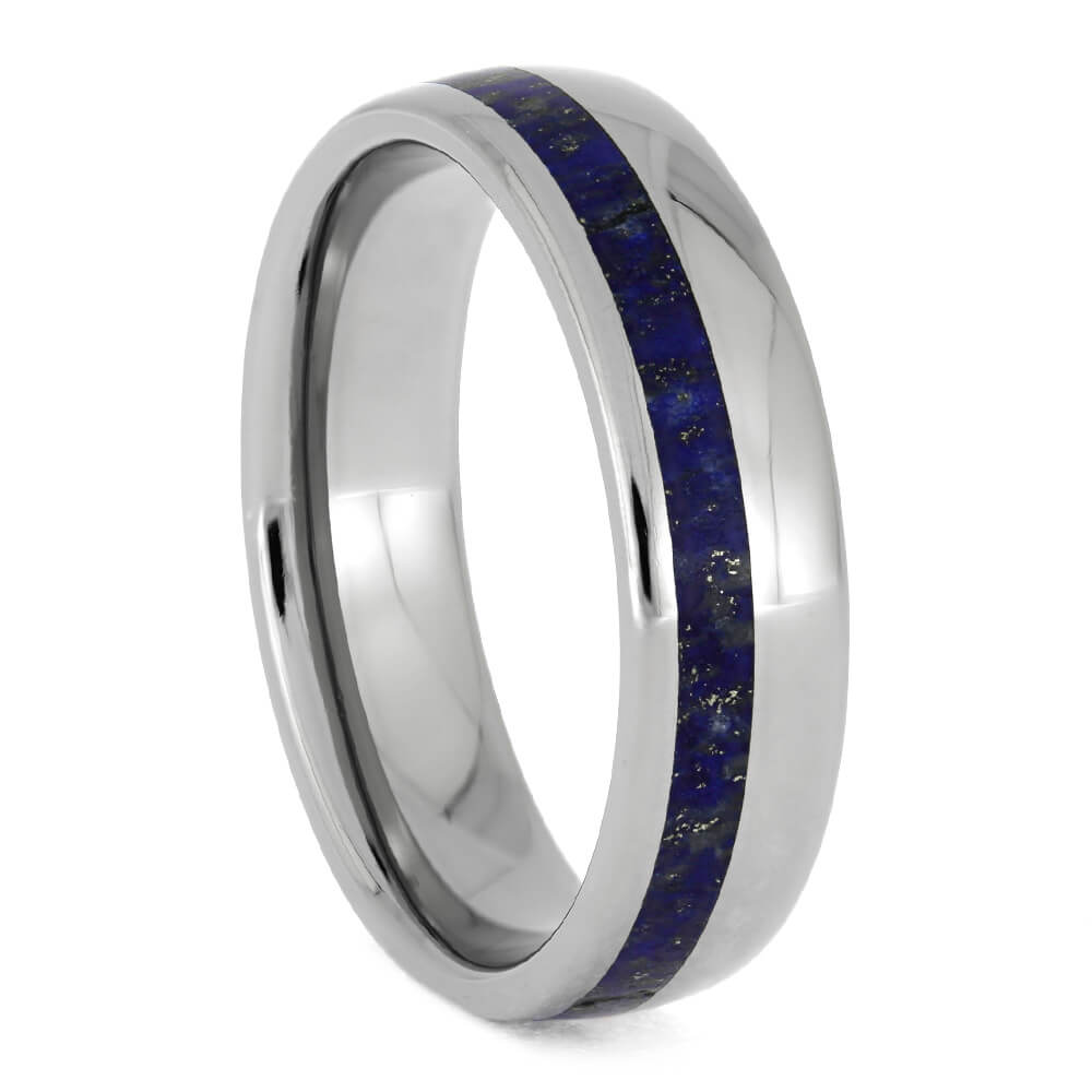Lapis Lazuli Ring, Titanium Wedding Band With Round Profile