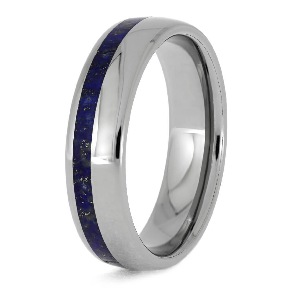 Lapis Lazuli Ring, Titanium Wedding Band With Round Profile