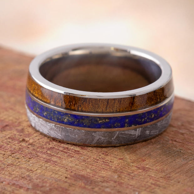 Meteorite Inlay Ring, Lapis Lazuli and Koa Wood Pinstripe-1594 - Jewelry by Johan
