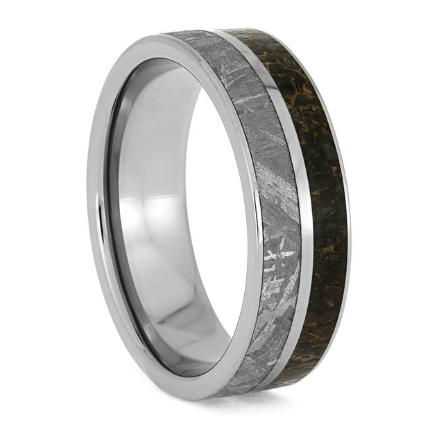 Titanium Ring With Gibeon Meteorite And Dinosaur Bone Separated By Titanium Pinstripe-1622 - Jewelry by Johan