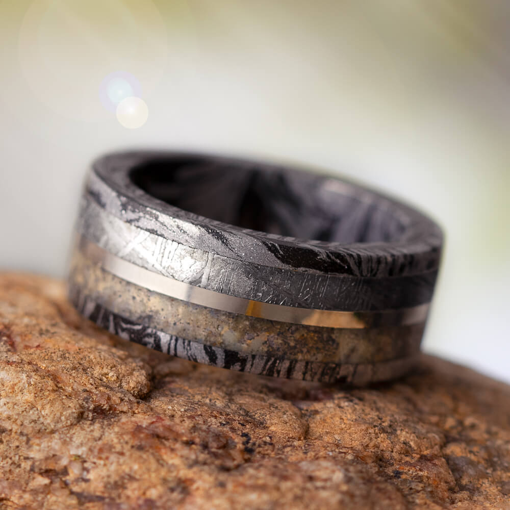 Black and White Mokume Gane Ring with Meteorite, Dinosaur Bone-1654 - Jewelry by Johan