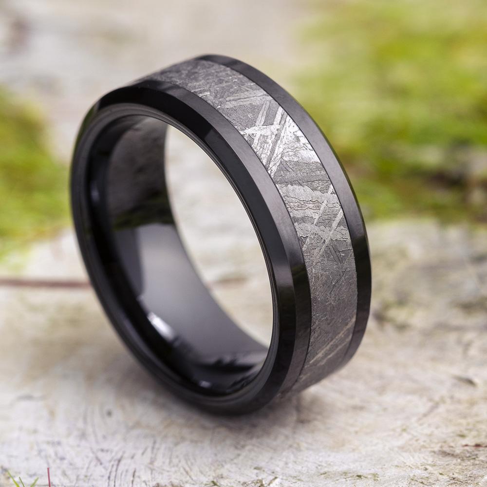 Black Ceramic Ring With Meteorite Inlay And Beveled Edges, Manly Band-1666 - Jewelry by Johan