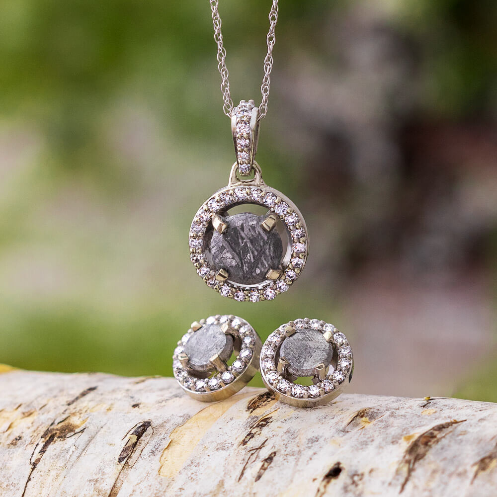 Meteorite Earrings And Pendant Set With White Diamonds On 14k White Gold-1675 - Jewelry by Johan