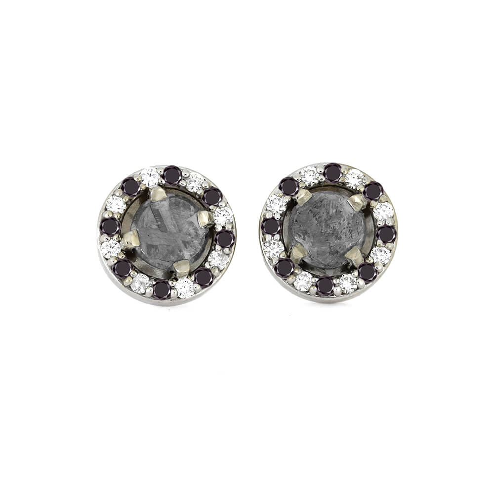 Meteorite Earrings With White And Black Diamonds On 14k White Gold