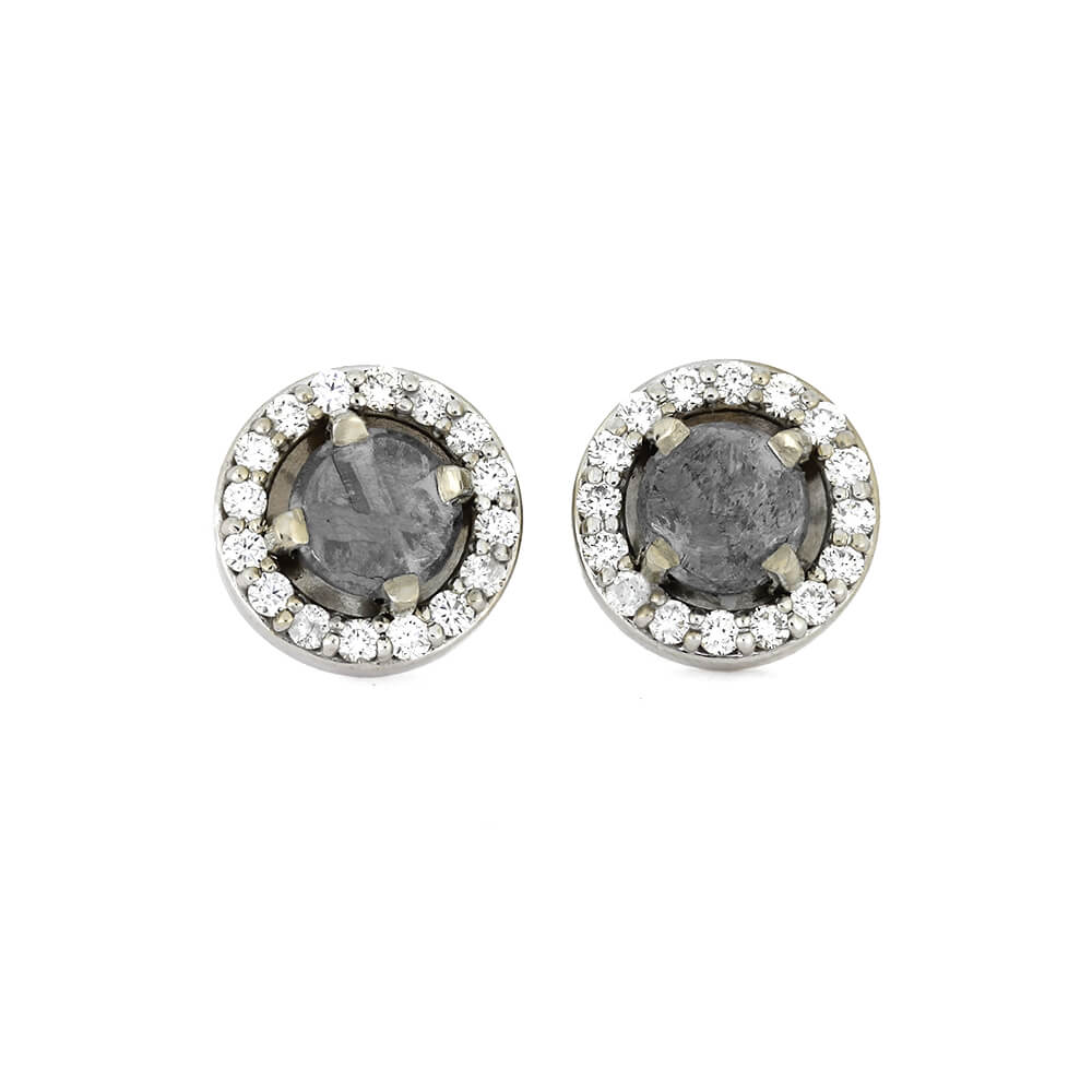 Meteorite Earrings With Stunning White Diamonds On 14k White Gold