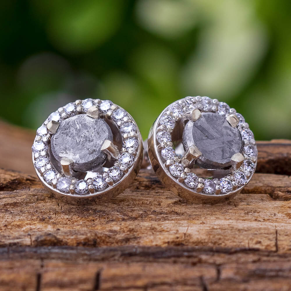 Meteorite Earrings With Stunning White Diamonds On 14k White Gold