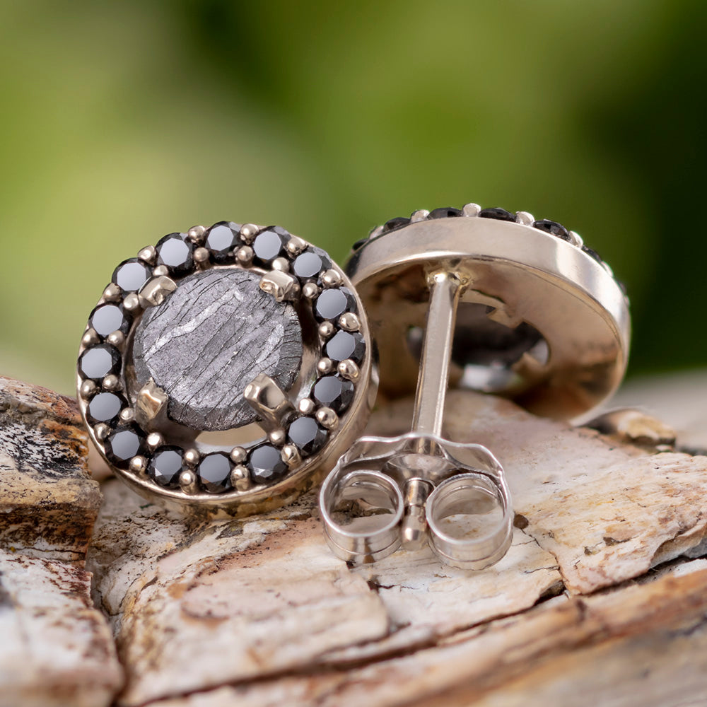 Meteorite Earrings With Gorgeous Black Diamonds On 14k White Gold