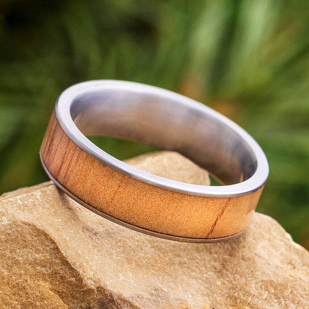 Rowan Wood Ring on Titanium Sleeve, Good Luck Ring-1743 - Jewelry by Johan
