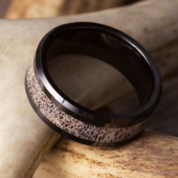 Black Ceramic Ring with Antler Inlay and Beveled Edges-1756 - Jewelry by Johan
