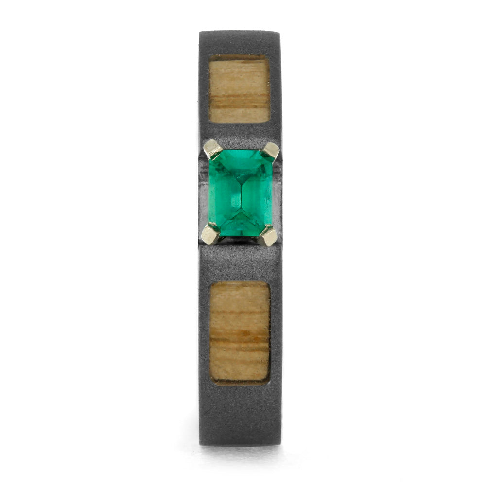 Emerald Ring with Oak Wood Panels and a Sandblasted Titanium-1836 - Jewelry by Johan