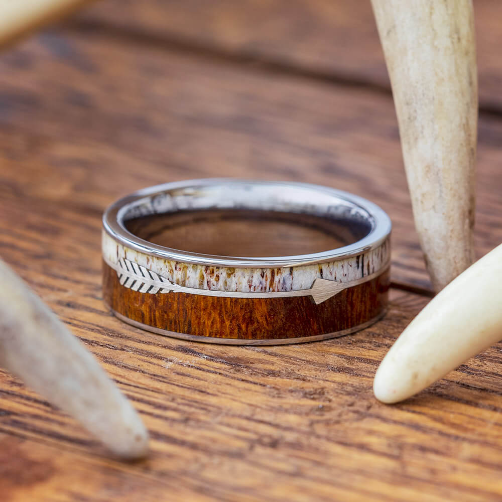 Sterling Silver Arrow Ring with Antler and Ironwood Burl-1842 - Jewelry by Johan