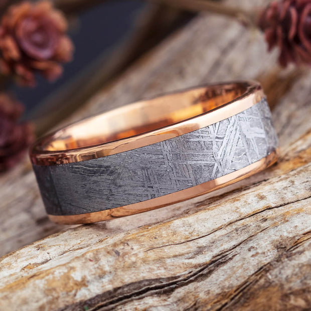 Meteorite Ring with Rose Gold Edges, Unique Men's Wedding Band-1946 - Jewelry by Johan
