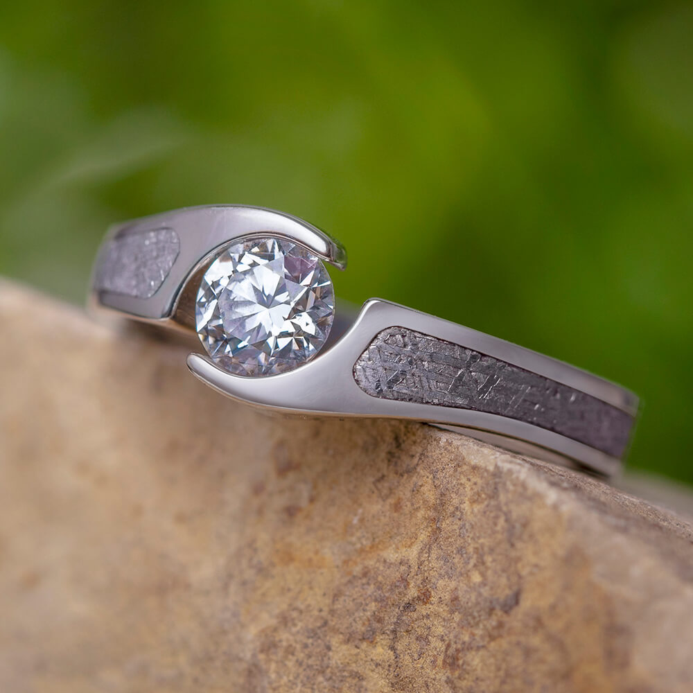Tension Set Diamond Engagement Ring, Meteorite Wedding Ring-2275 - Jewelry by Johan