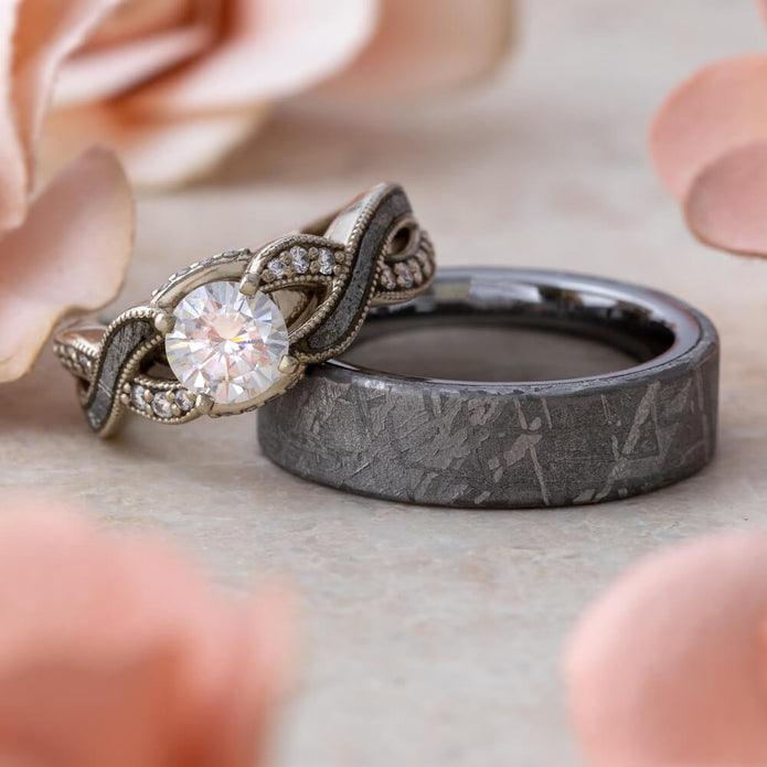 His and Hers Meteorite Wedding Ring Set