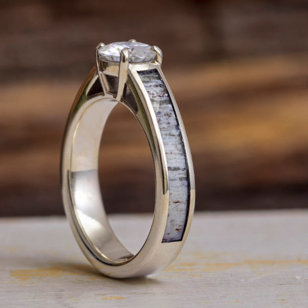 White Gold Moissanite Engagement Ring With Deer Antler-2313 - Jewelry by Johan