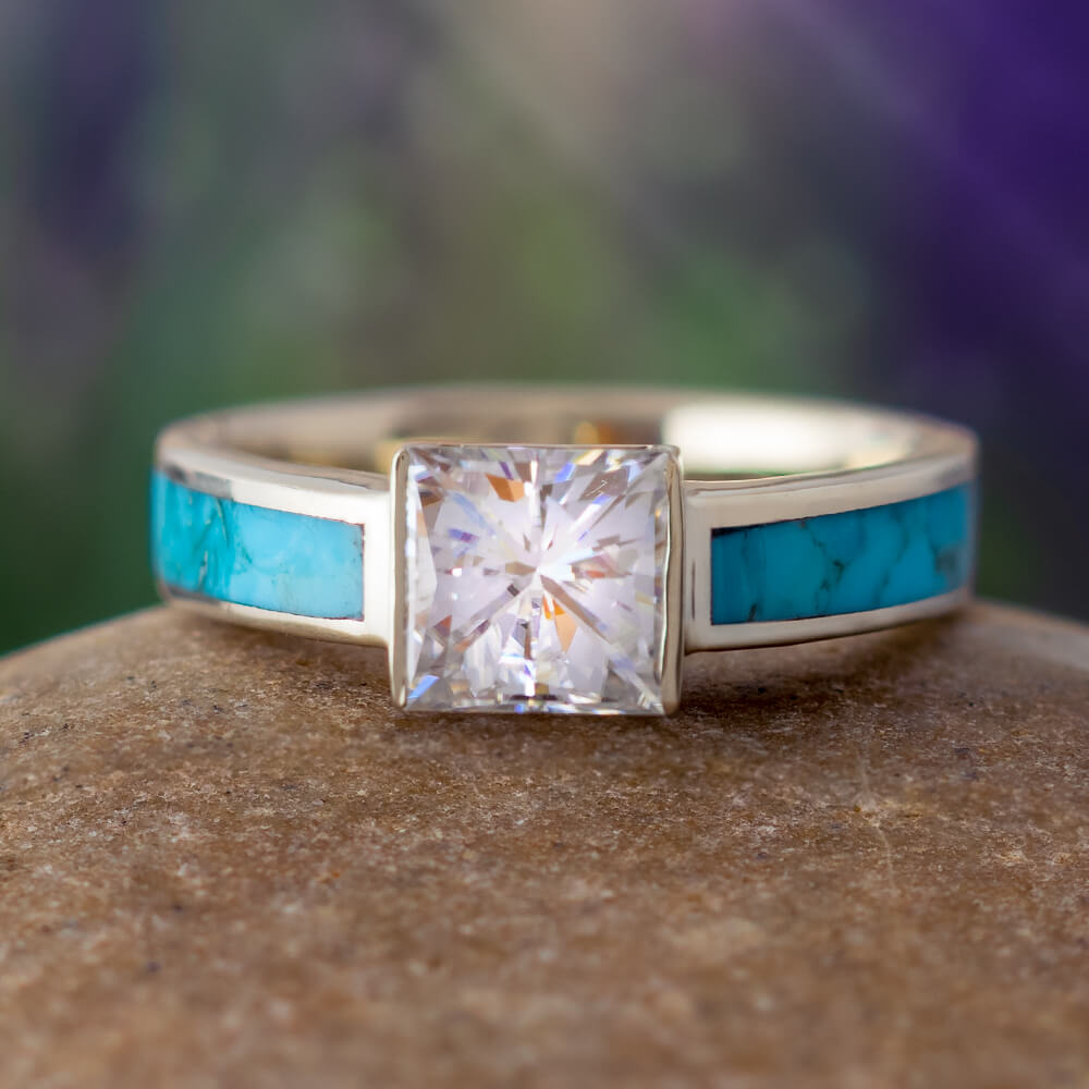 Turquoise Engagement Ring With Princess Cut Moissanite, White Gold-2340 - Jewelry by Johan