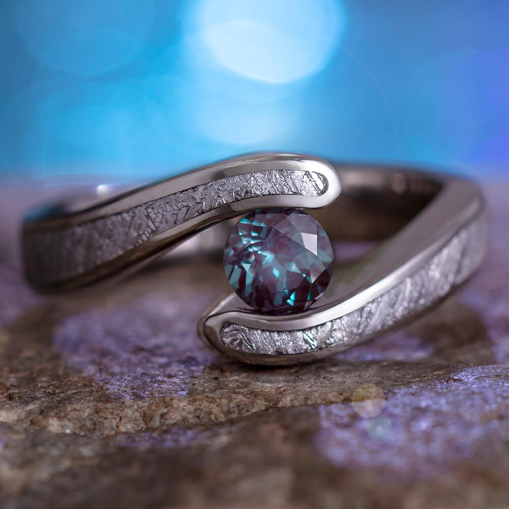 Meteorite Wedding Ring Set With Tension Set Engagement Ring