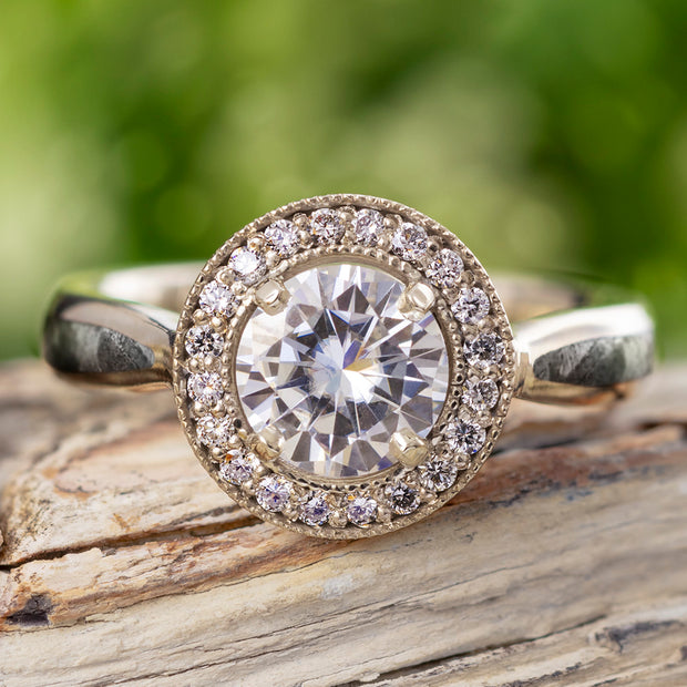 Halo Moissanite Engagement Ring, White Gold Ring With Meteorite-2407 - Jewelry by Johan