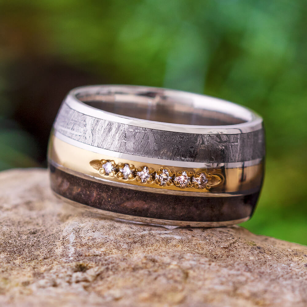 Men's Platinum Band With Meteorite and Dinosaur Bone Ring And Diamonds-2487 - Jewelry by Johan