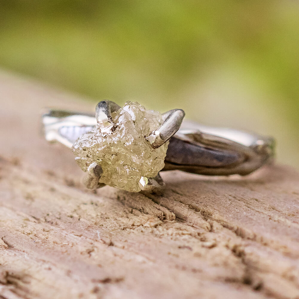 Rough Diamond Engagement Ring With Branch Style Band Inlaid With Meteorite