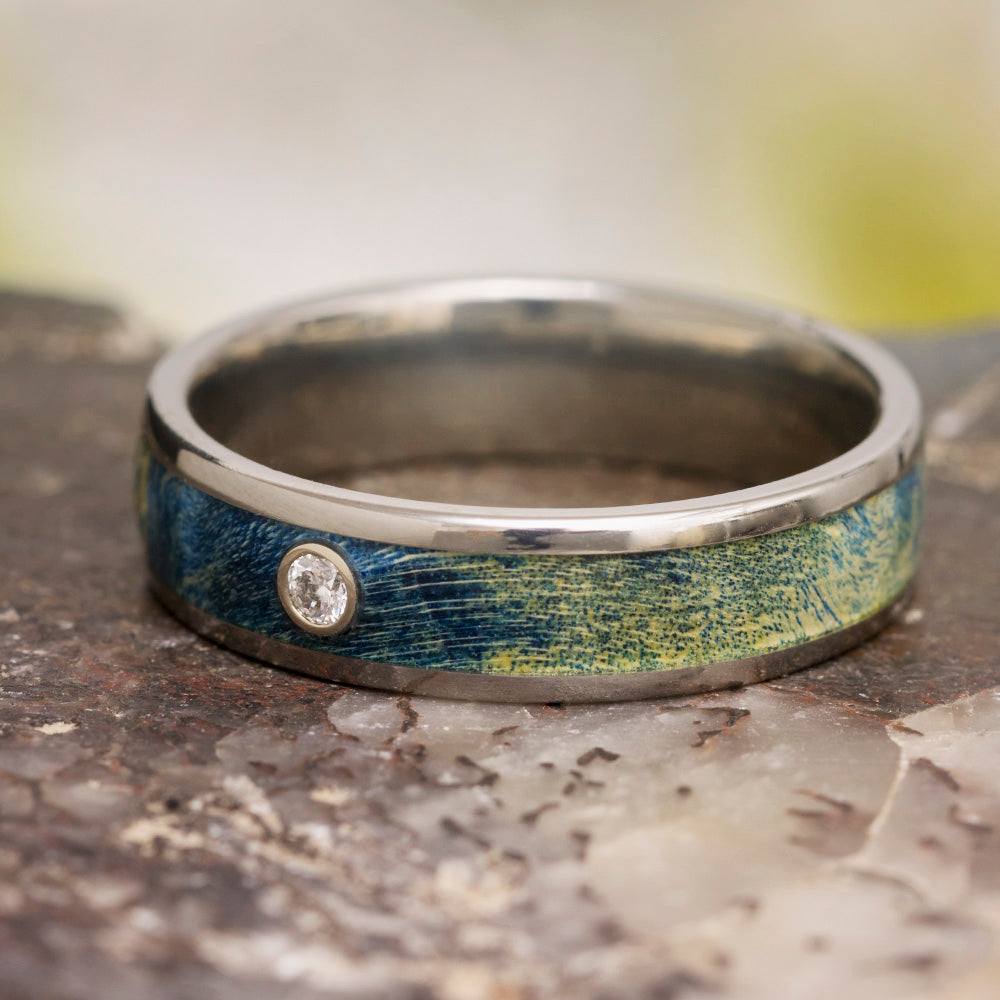 Diamond Wedding Ring, Titanium Ring With Blue Box Elder Burl-2509 - Jewelry by Johan