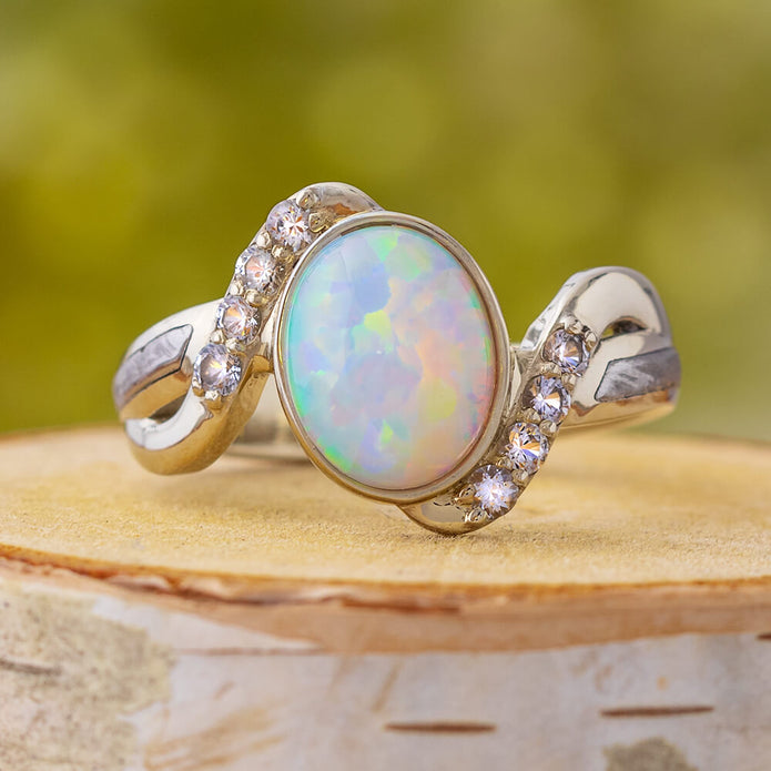 Opal Engagement Ring with Meteorite and Diamonds Jewelry By Johan