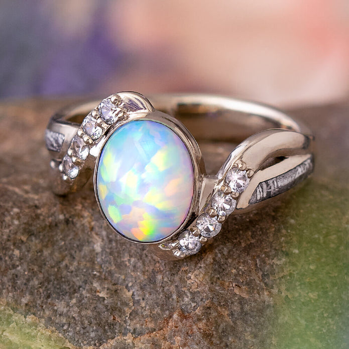 Opal Engagement Ring with Meteorite and Diamonds Jewelry By Johan
