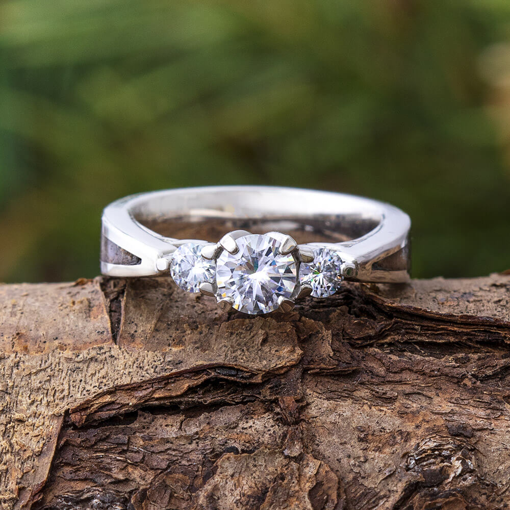 Cushion cut with Side Half-moon Three Stone Engagement Ring