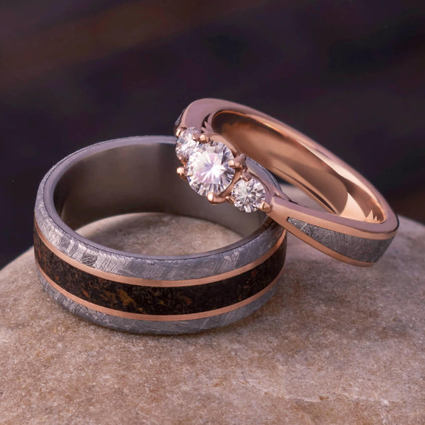 Rose Gold His and Hers Ring Set With Dinosaur Bone And Meteorite