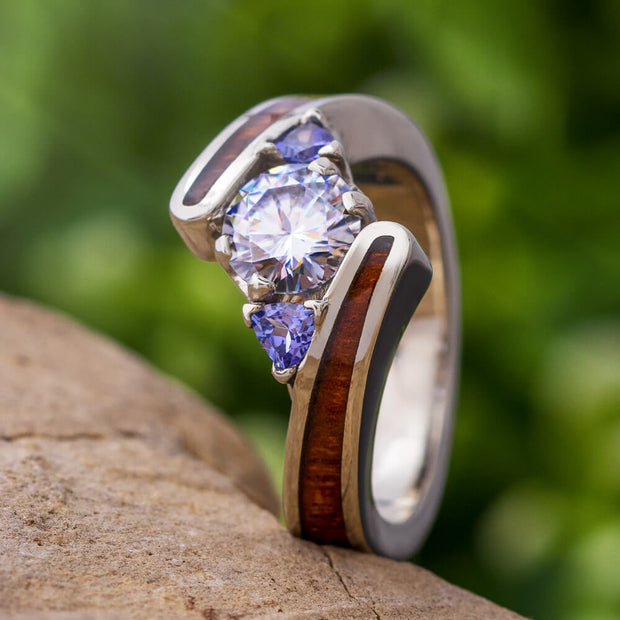 Moissanite Engagement Ring With Tanzanite Accents, Wood Ring in White Gold-2581 - Jewelry by Johan
