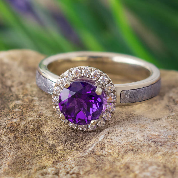 Amethyst Engagement Ring, White Gold Halo Ring With Meteorite-2590 - Jewelry by Johan