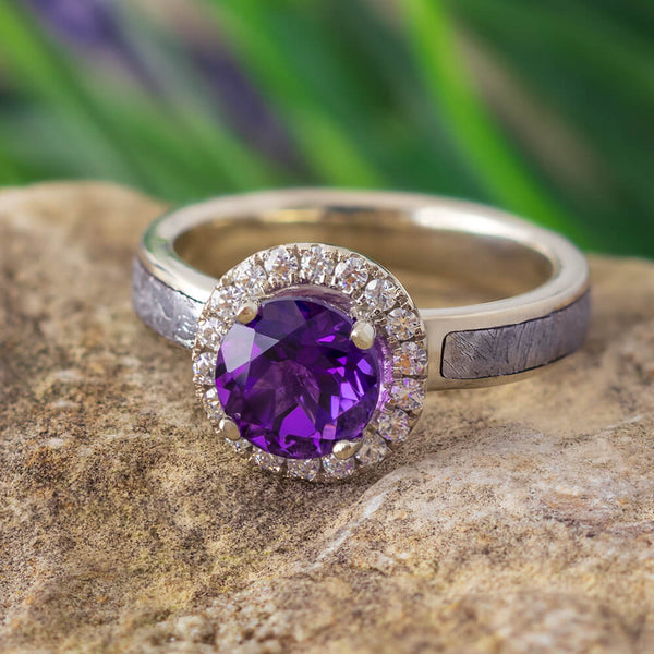Rosec Jewels Natural Amethyst Halo Engagement Ring With Moissanite - AAA Quality In Sterling Silver/Gold