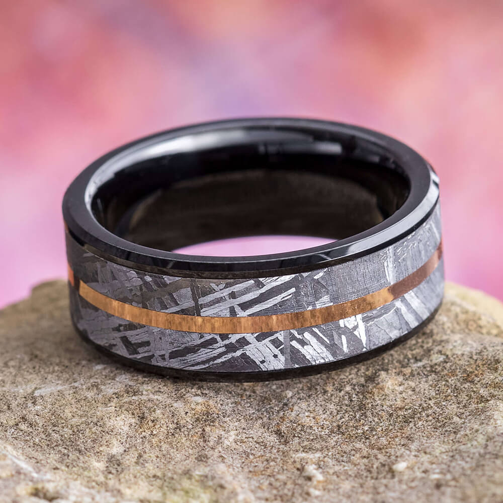 Meteorite Ring With Rose Gold Pinstripe In Beveled Black Ceramic Band-2595 - Jewelry by Johan
