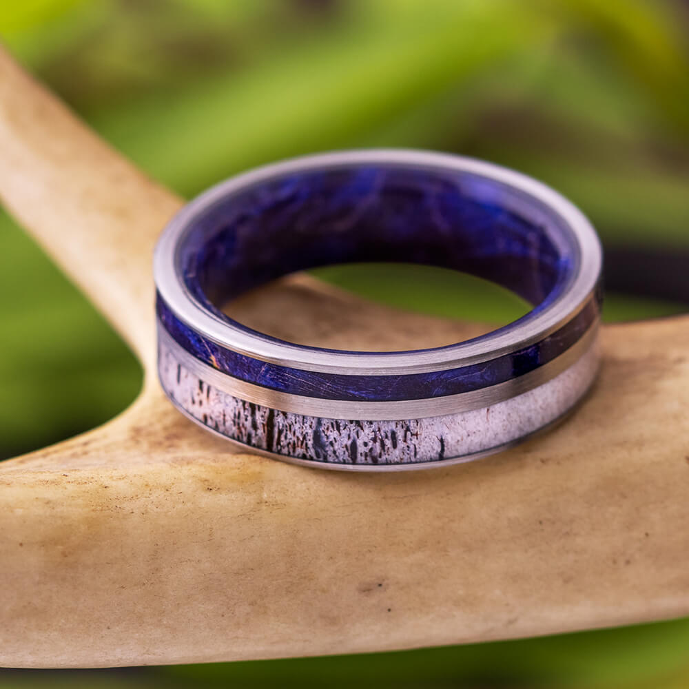 Antler Wedding Band with Blue Box Elder Burl Wood-2619 - Jewelry by Johan