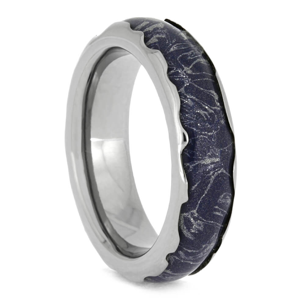 Blue Mokume Gane Ring, Titanium Wedding Band With Wavy Edges-2624 - Jewelry by Johan