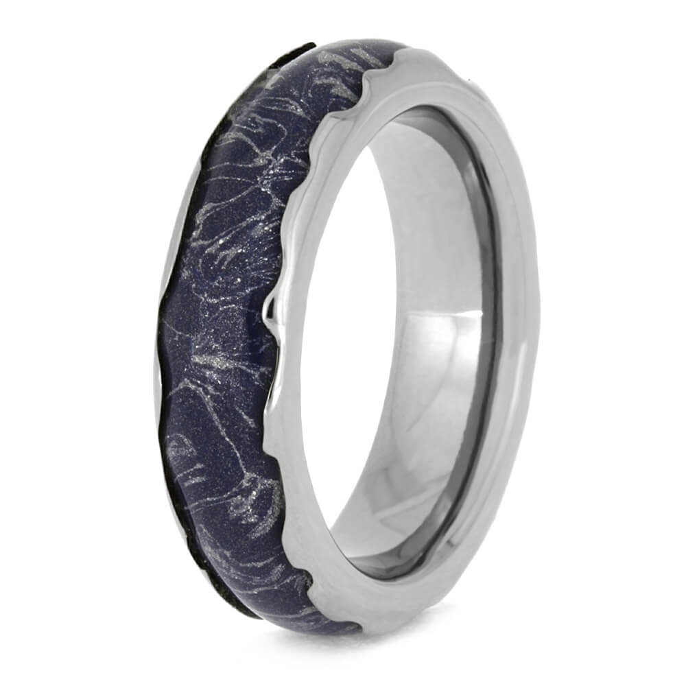 Blue Mokume Gane Ring, Titanium Wedding Band With Wavy Edges-2624 - Jewelry by Johan