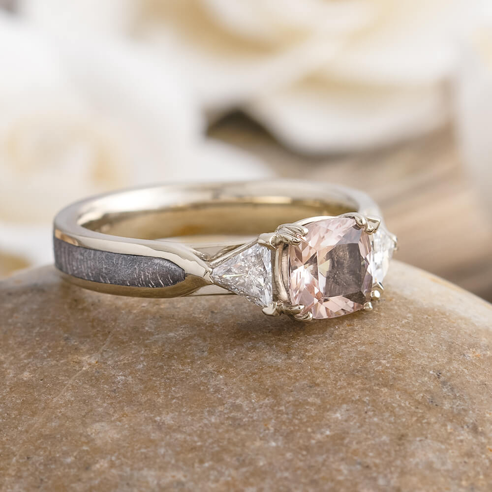 Morganite Engagement Ring With Trillion Cut Diamonds, Meteorite Ring-2633 - Jewelry by Johan