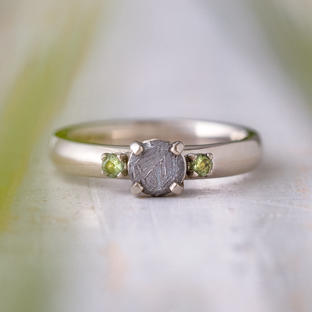 Meteorite Stone Engagement Ring With Moldavite Accents, White Gold Ring-2635 - Jewelry by Johan
