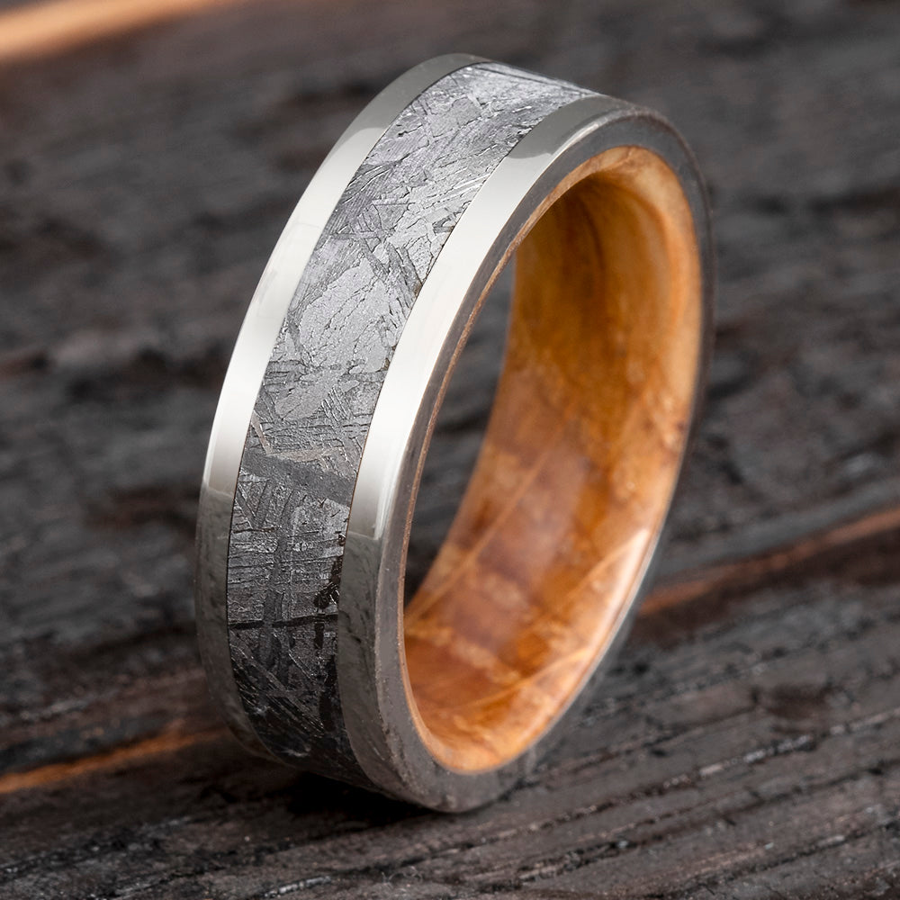 Whiskey Oak Wood & Meteorite Men's Wedding Band-2649 - Jewelry by Johan