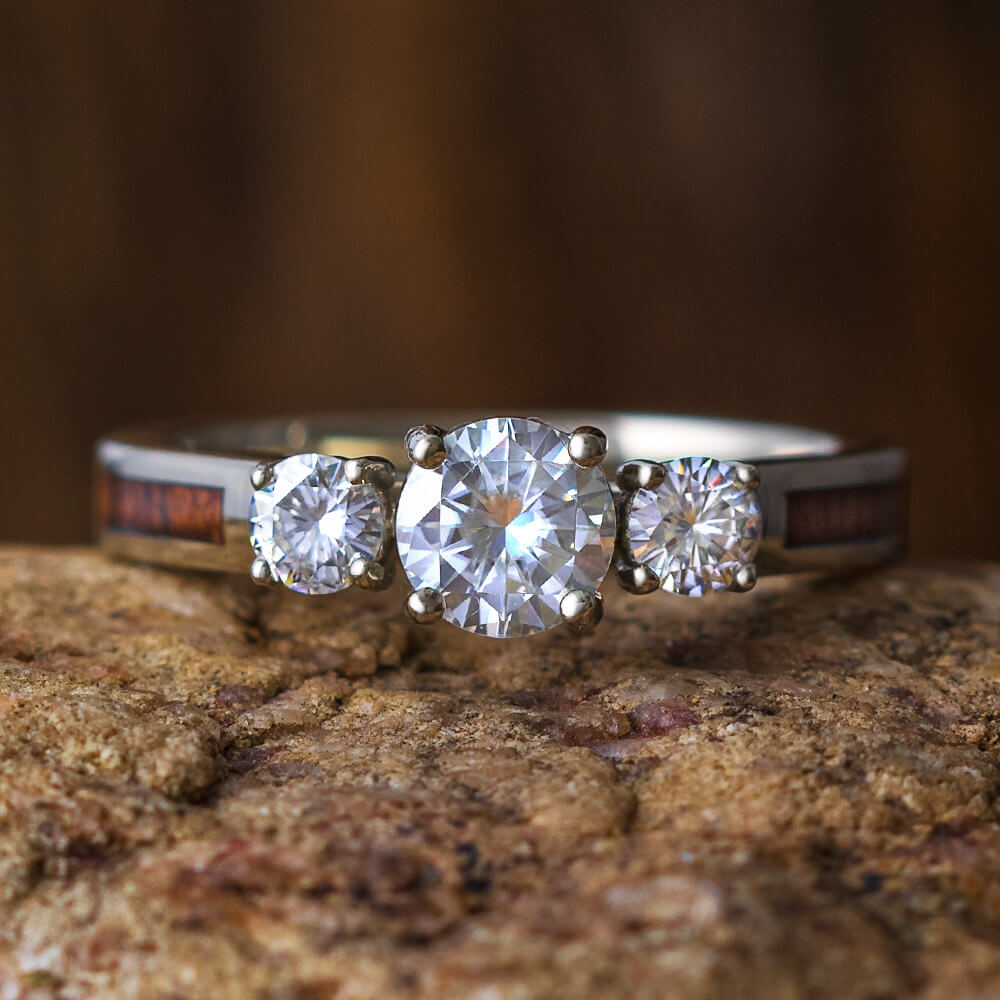 Three Stone Ring With Koa Wood, White Gold Engagement Ring With Moissanites-2656 - Jewelry by Johan