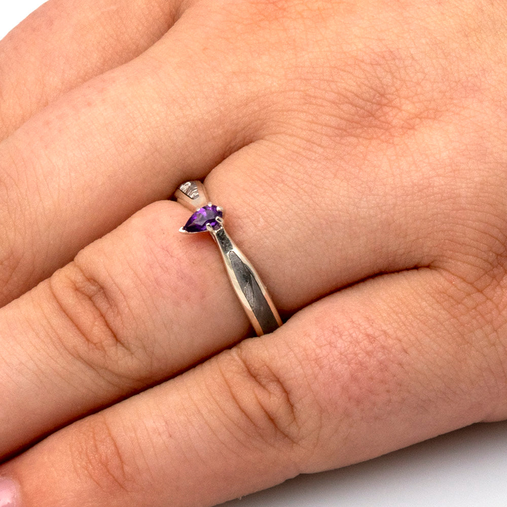 Purple Amethyst Engagement Ring With Gibeon Meteorite In Sterling Silver-2708 - Jewelry by Johan