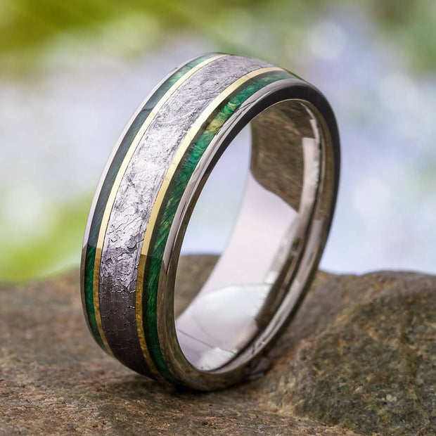 Meteorite Men's Wedding Band With Gold Stripes, Green Wood Ring-2720 - Jewelry by Johan