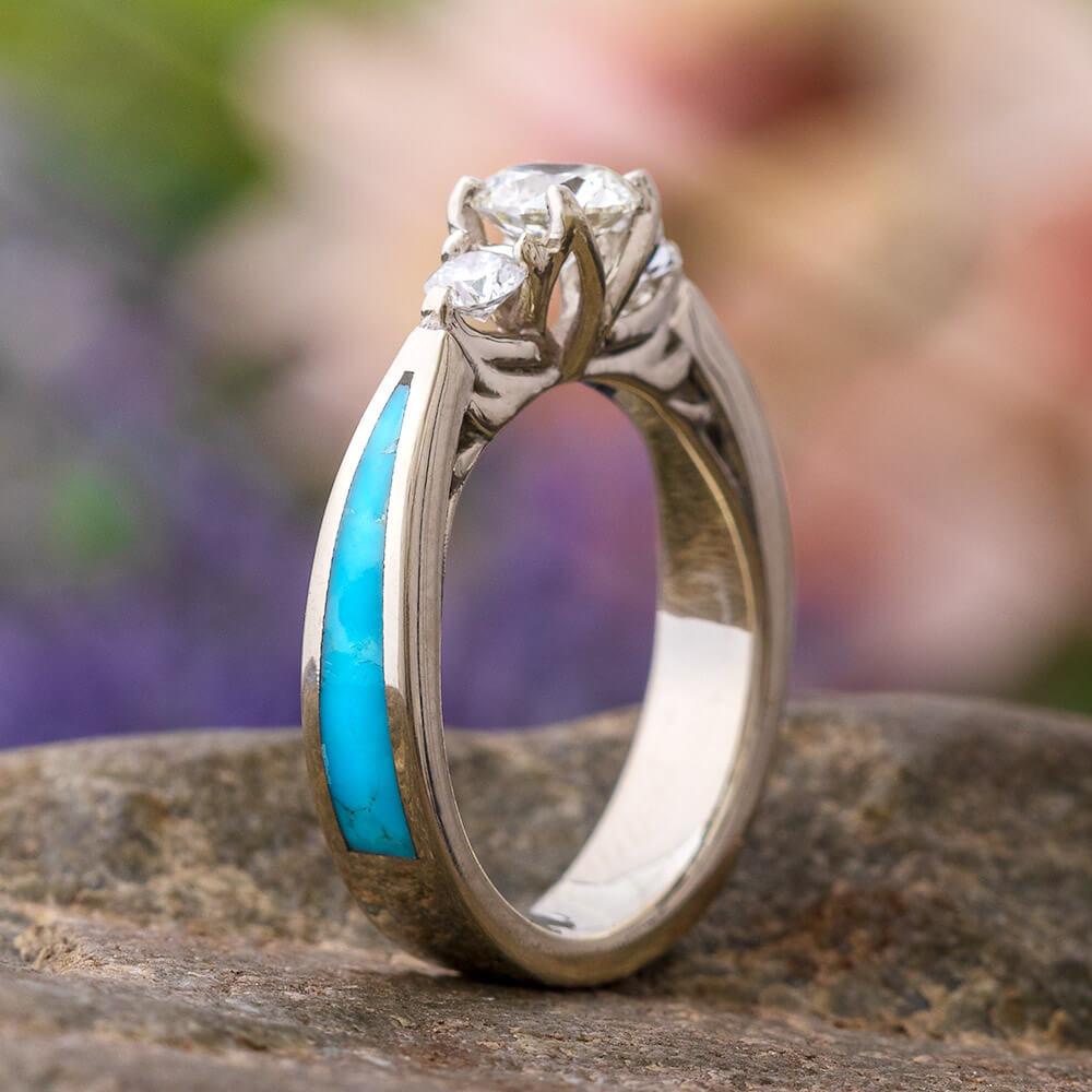 Turquoise Bridal Set With White Gold Three Stone Engagement Ring