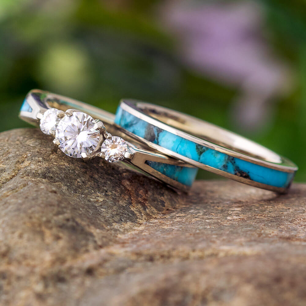 Turquoise Bridal Set With White Gold Three Stone Engagement Ring