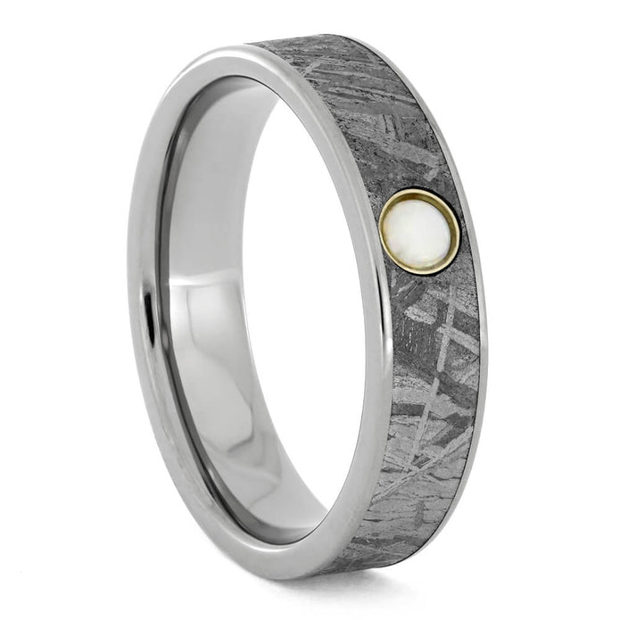 Meteorite Wedding Band in Titanium with Opal Gemstone-2859 - Jewelry by Johan