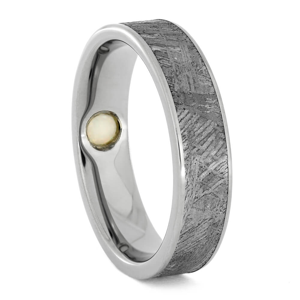 Meteorite Wedding Band in Titanium with Opal Gemstone-2859 - Jewelry by Johan