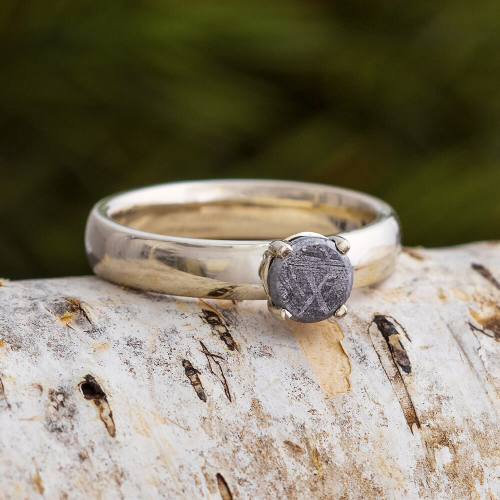 Rose Gold Meteorite Ring with Ruby Stone Setting, Meteorite Tungsten Ring