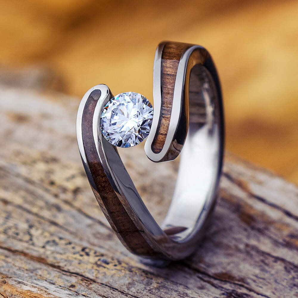 Diamond Solitaire With Koa Wood Ring Guard